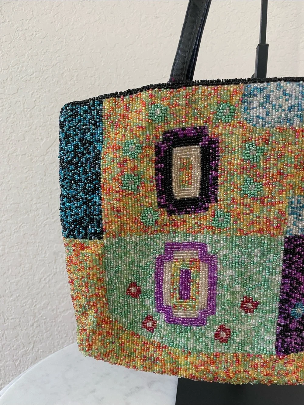 Vintage Christiana Hand Beaded Geometric Tote Y2K Colorful Patchwork